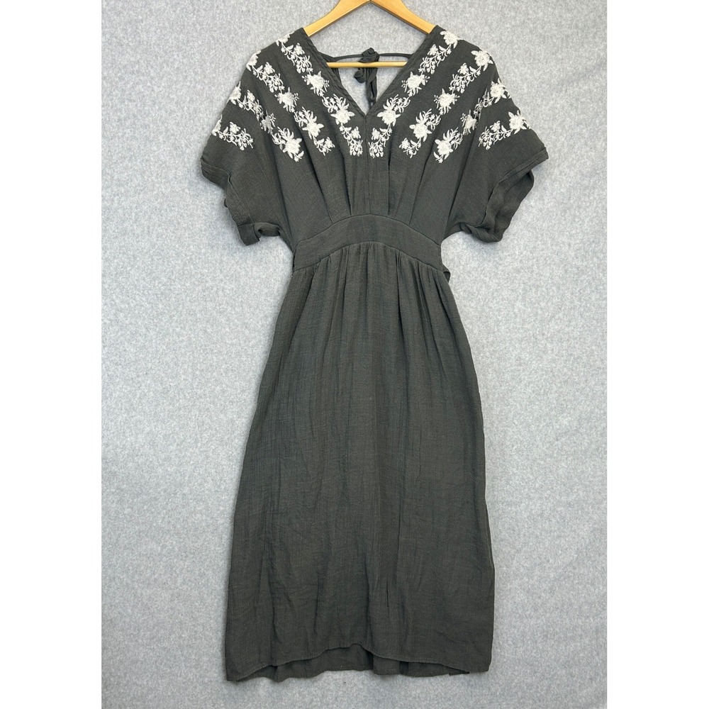 Entro Gray Embroidered Midi Dress Gray Floral Lagenlook Cottagecore Size Small